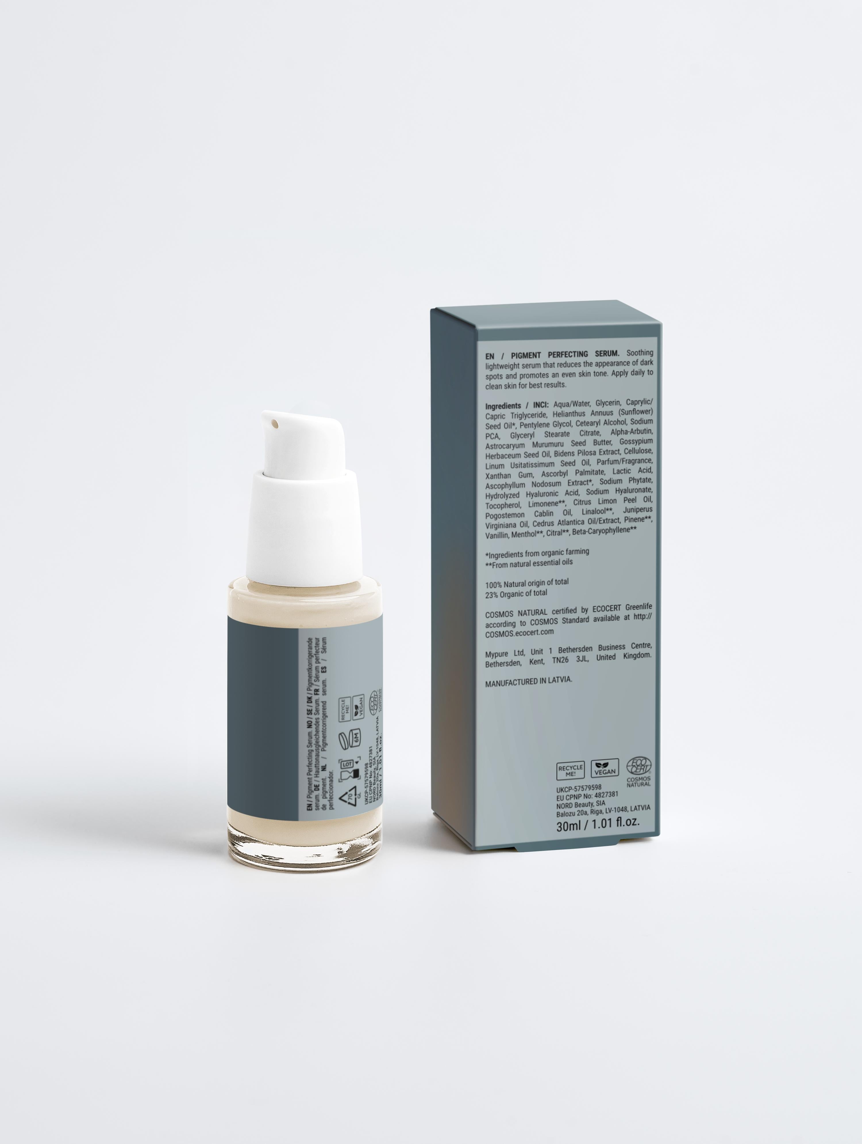Pigment perfecting serum bottle with pump and product box with ingredient details, skincare