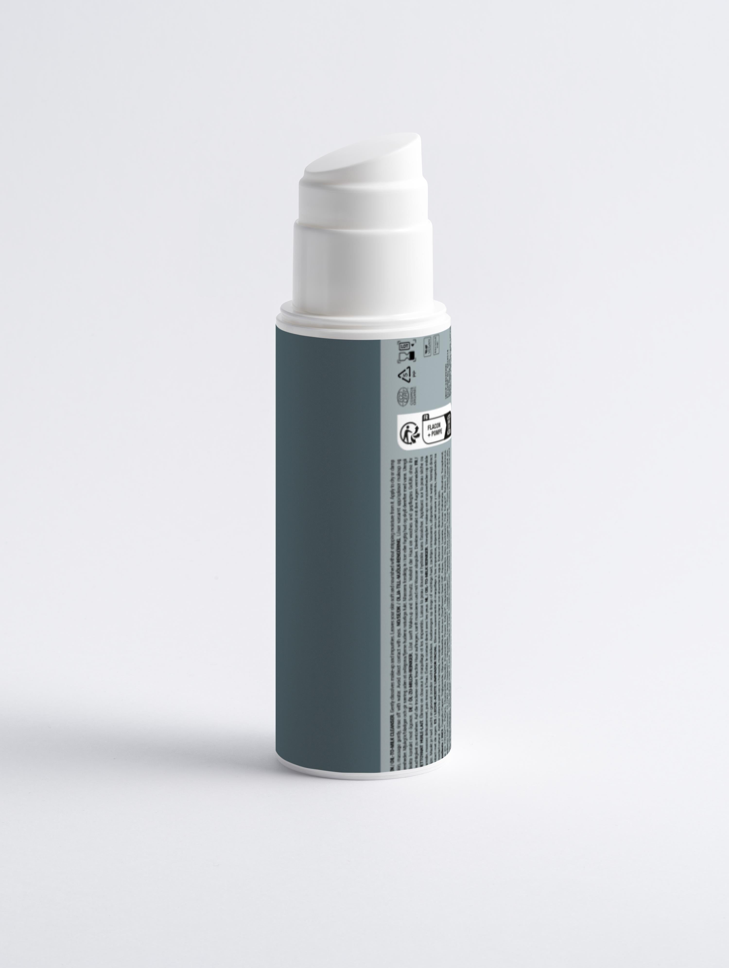 Minimalist blue skincare pump bottle for sensitive or men's skin on white background