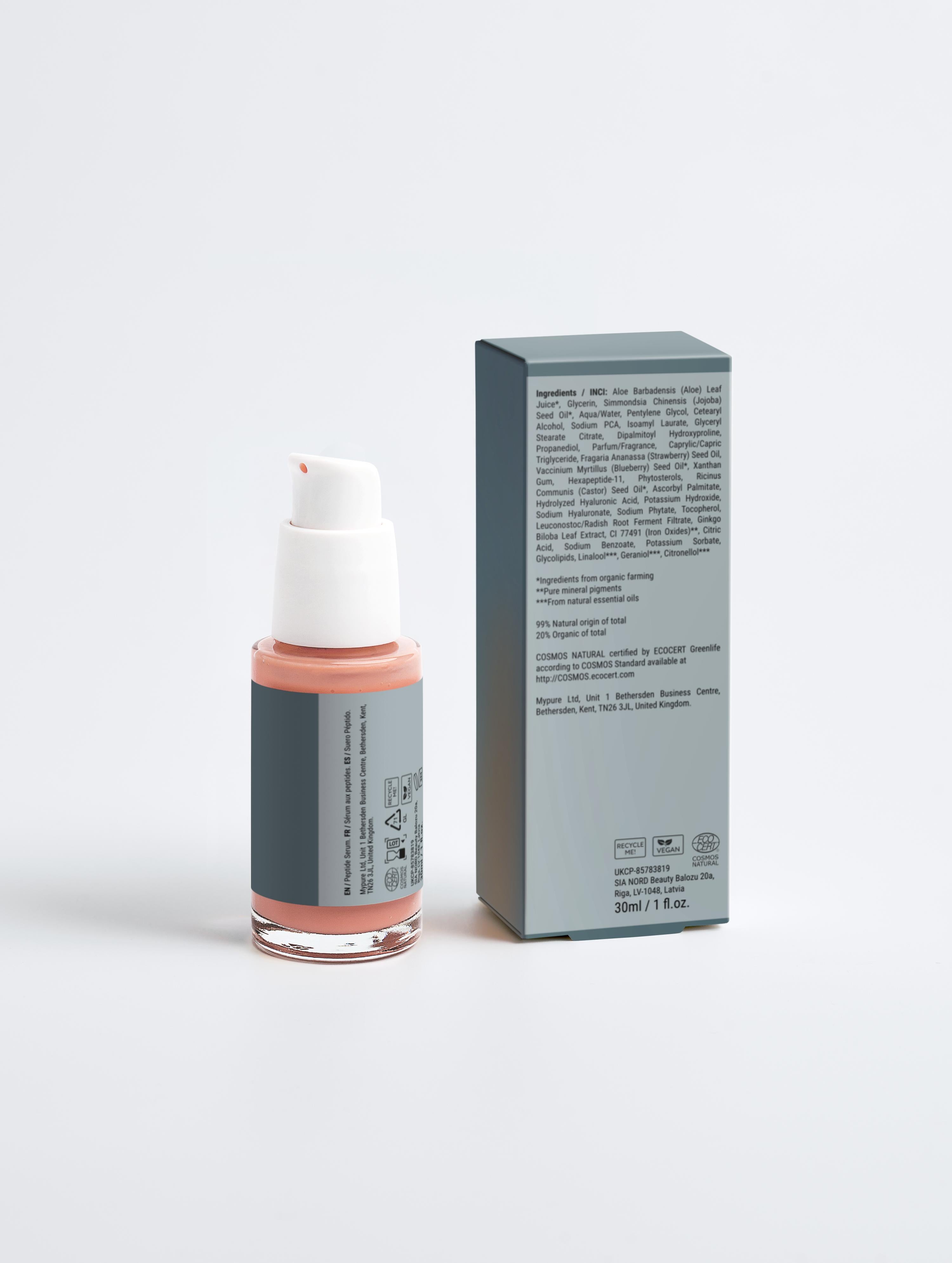 Sensitive skin serum bottle with pump and ingredient box, minimal and modern design