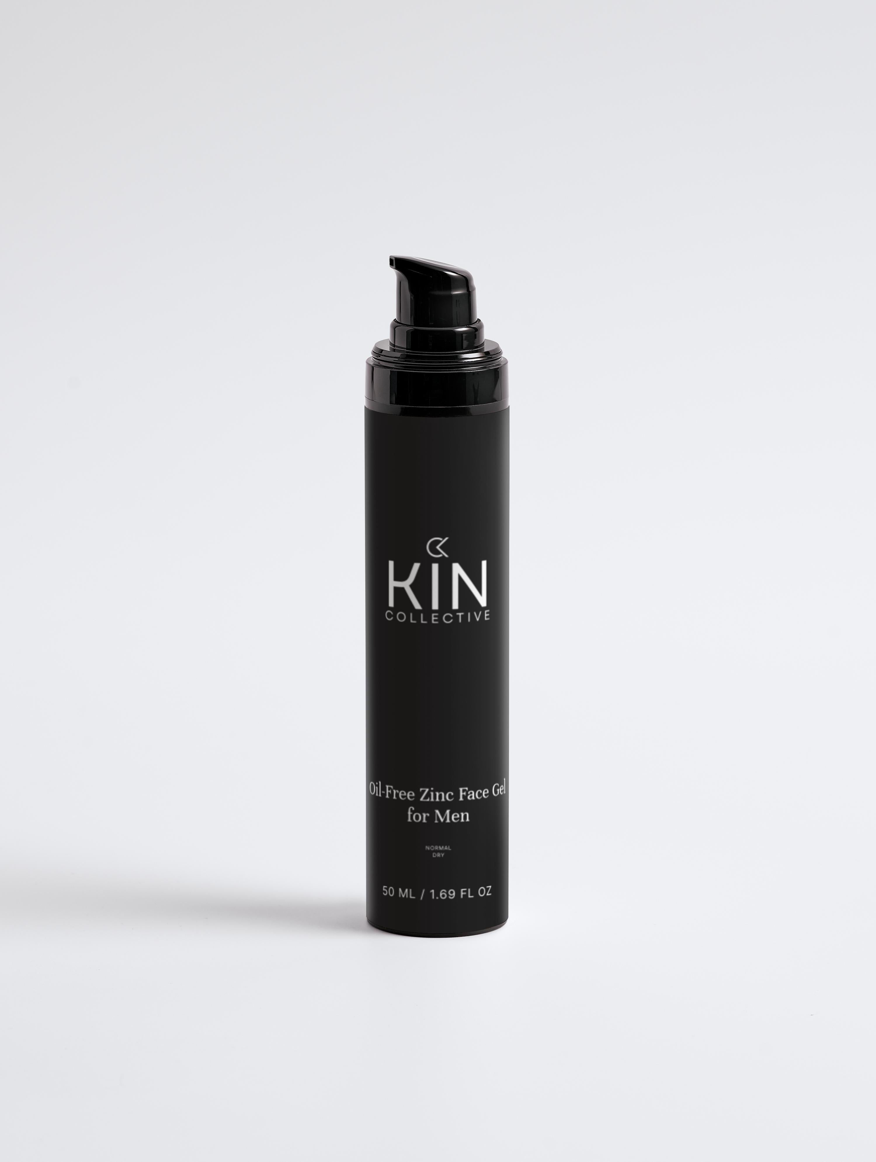 Black pump bottle of oil-free zinc face gel for men, 50ml, on white background