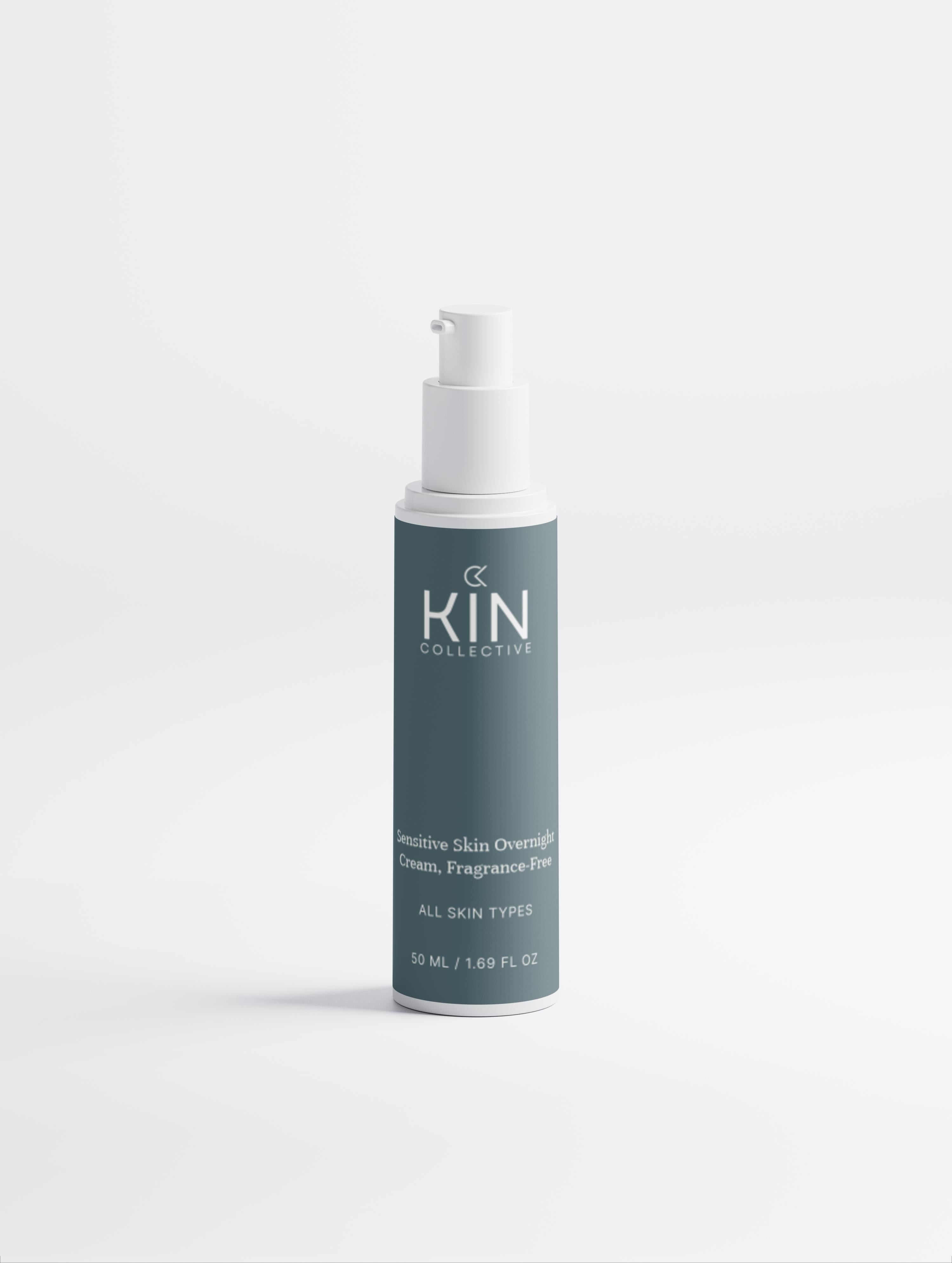 Sensitive skin overnight cream bottle, fragrance-free, for all skin types on white background