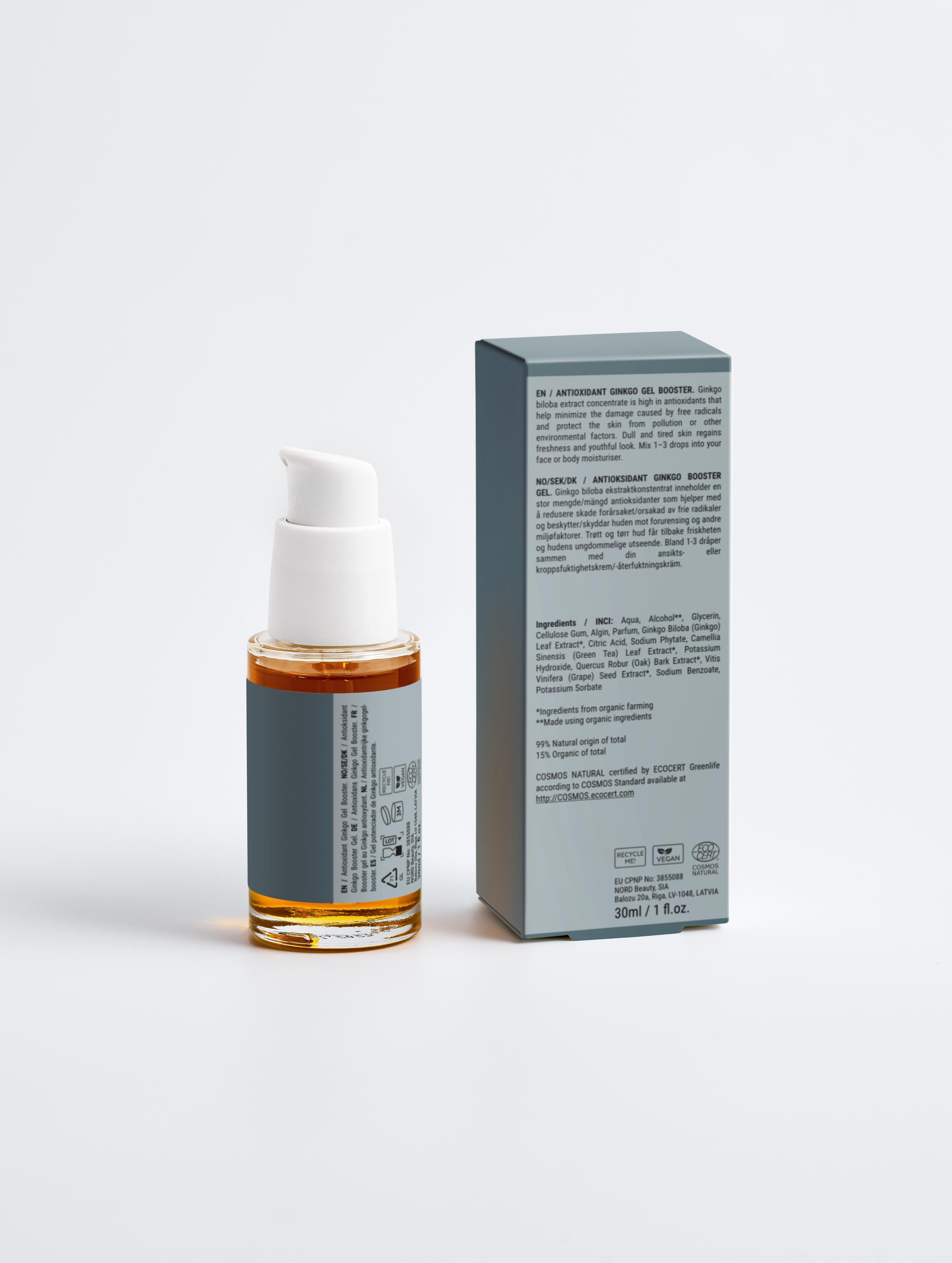 Antioxidant ginkgo gel booster in clear pump bottle with matching box, skincare product