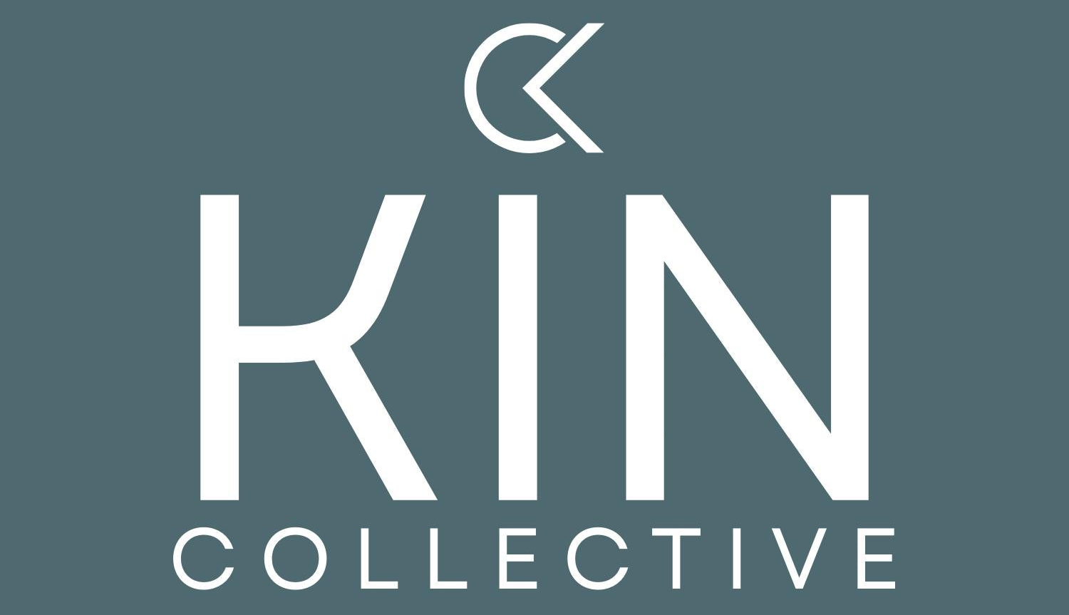 Modern minimalist logo with bold white text reading 'KIN COLLECTIVE' on a muted blue background.