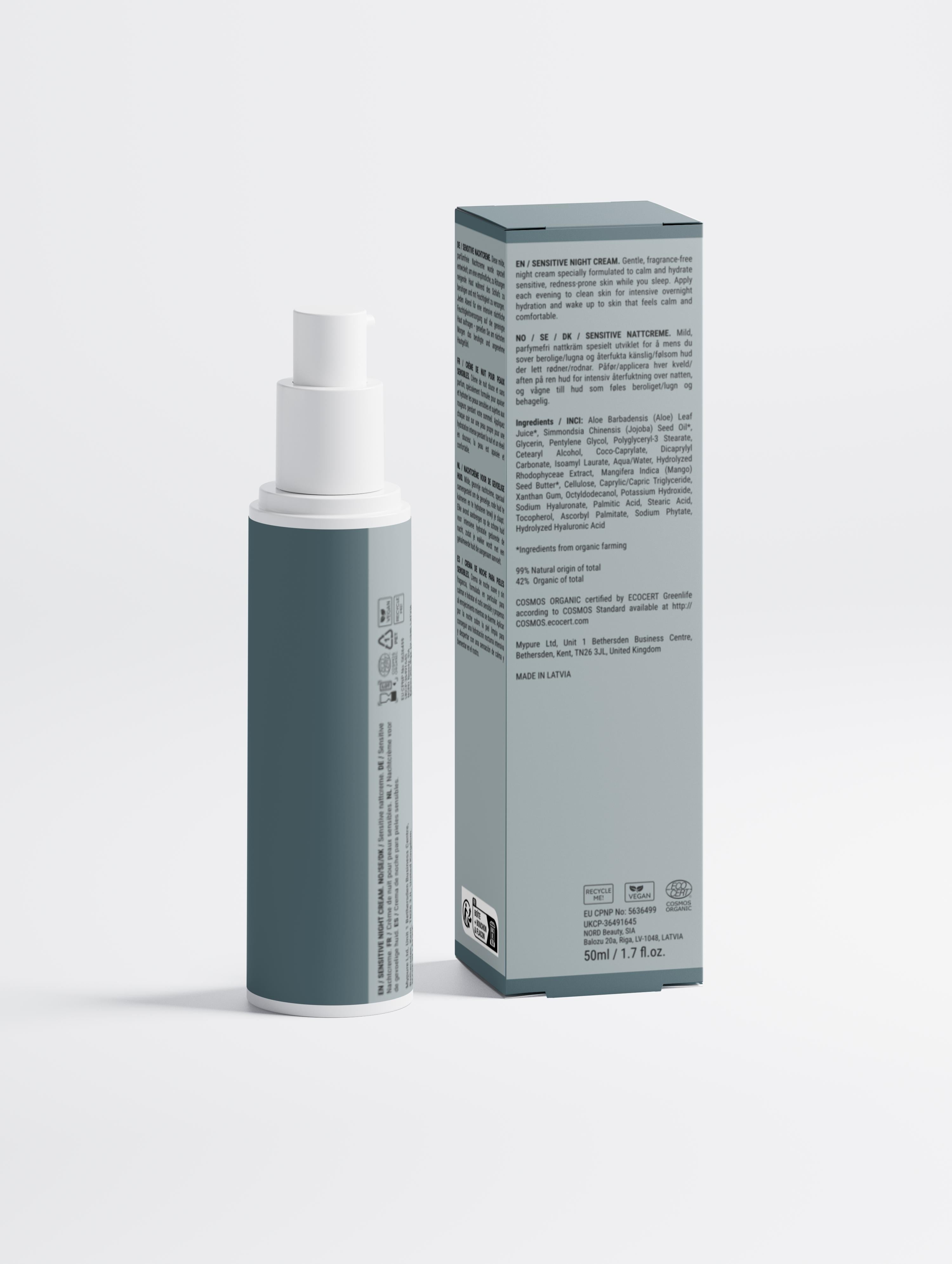 Sensitive night cream bottle with pump and box, fragrance-free skincare for sensitive skin