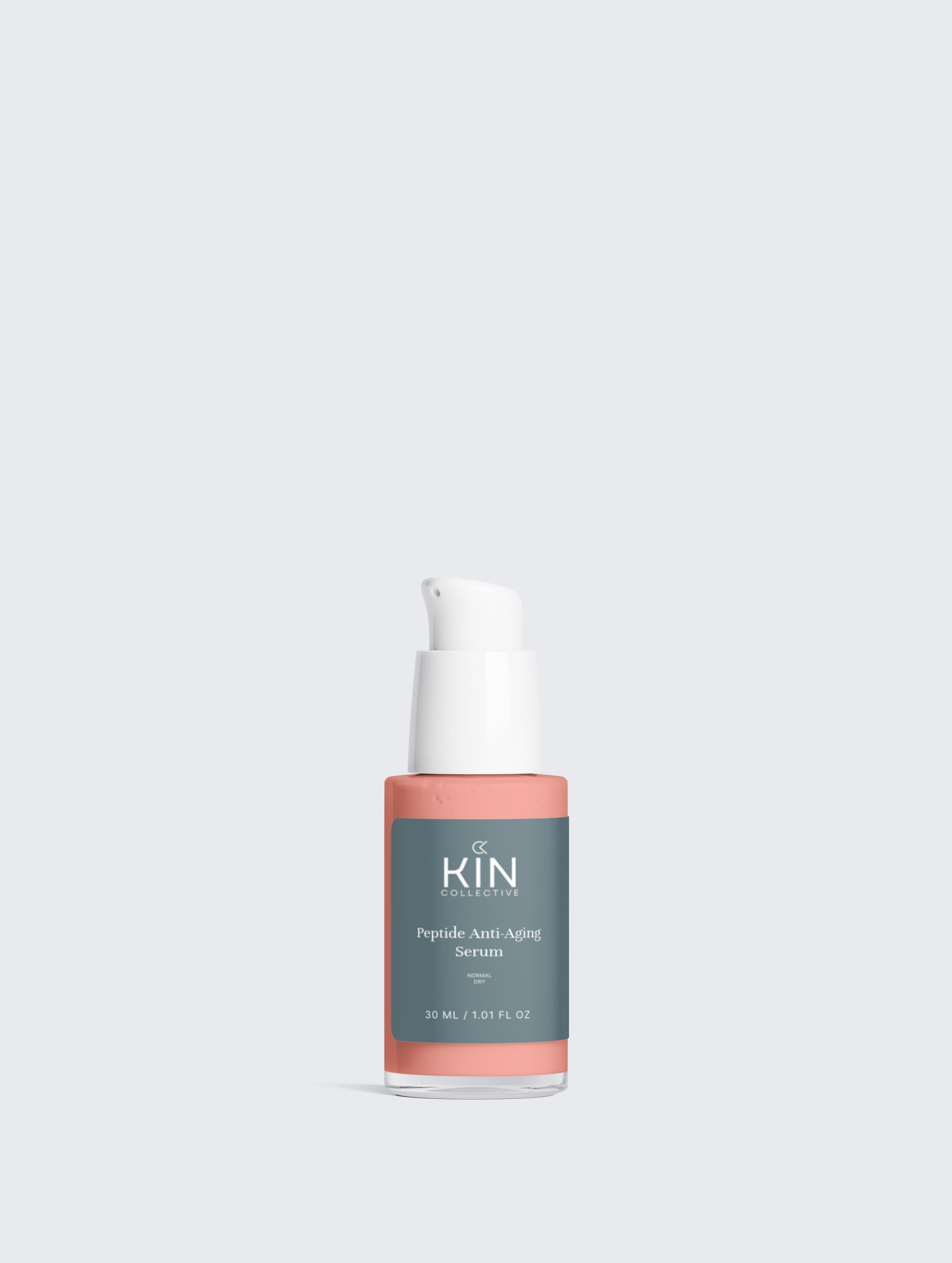 Peptide anti-aging serum bottle with pink label and white pump on a light background