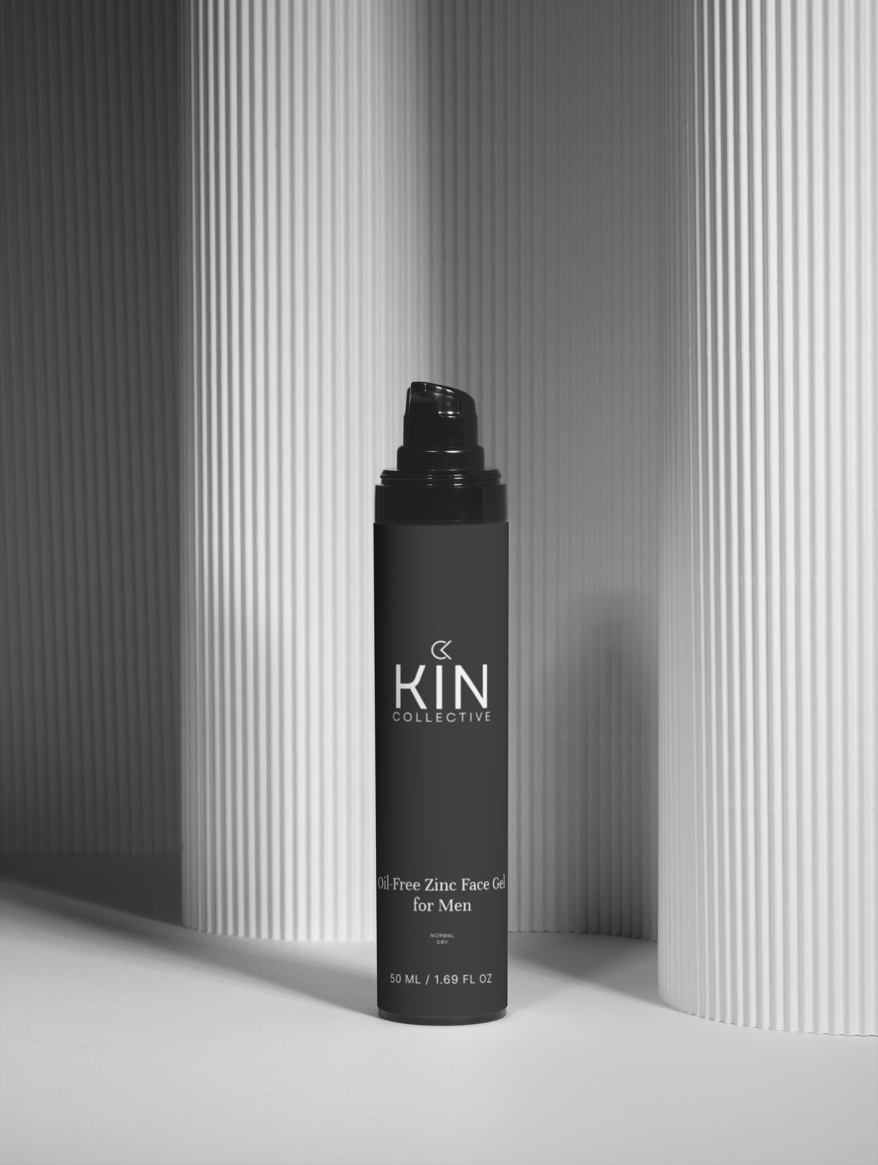 Oil-free zinc face gel for men in black pump bottle on minimalist white background