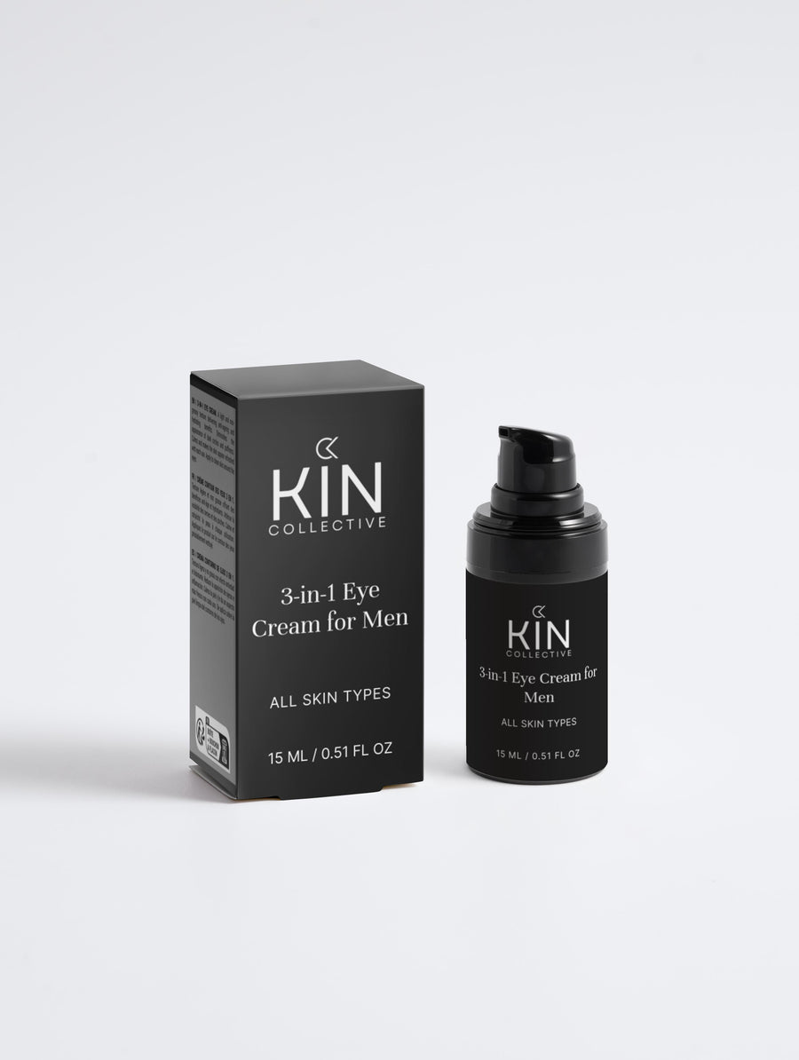 3-in-1 eye cream for men for all skin types, 15ml bottle and box on white background