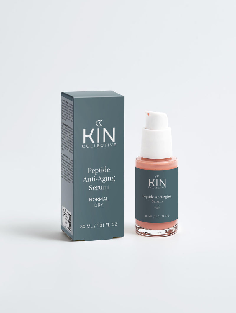 Peptide anti-aging serum for normal to dry skin with pump bottle and box on white background