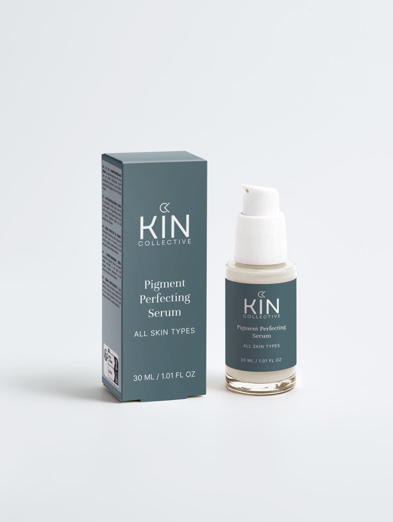 Pigment Perfecting Serum for all skin types, 30ml bottle and box, minimalist skincare.