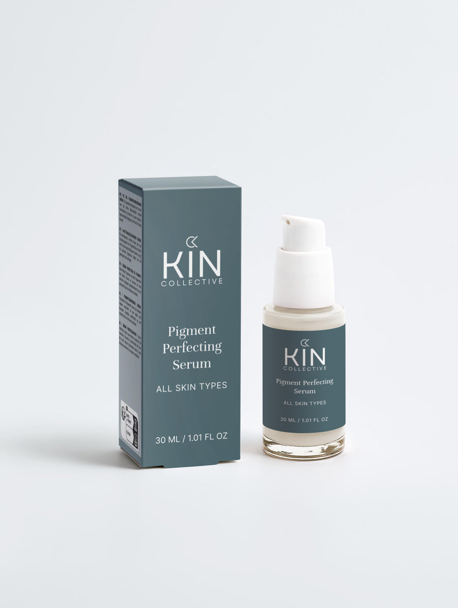 Pigment Perfecting Serum for all skin types, 30ml bottle and box, minimalist skincare.