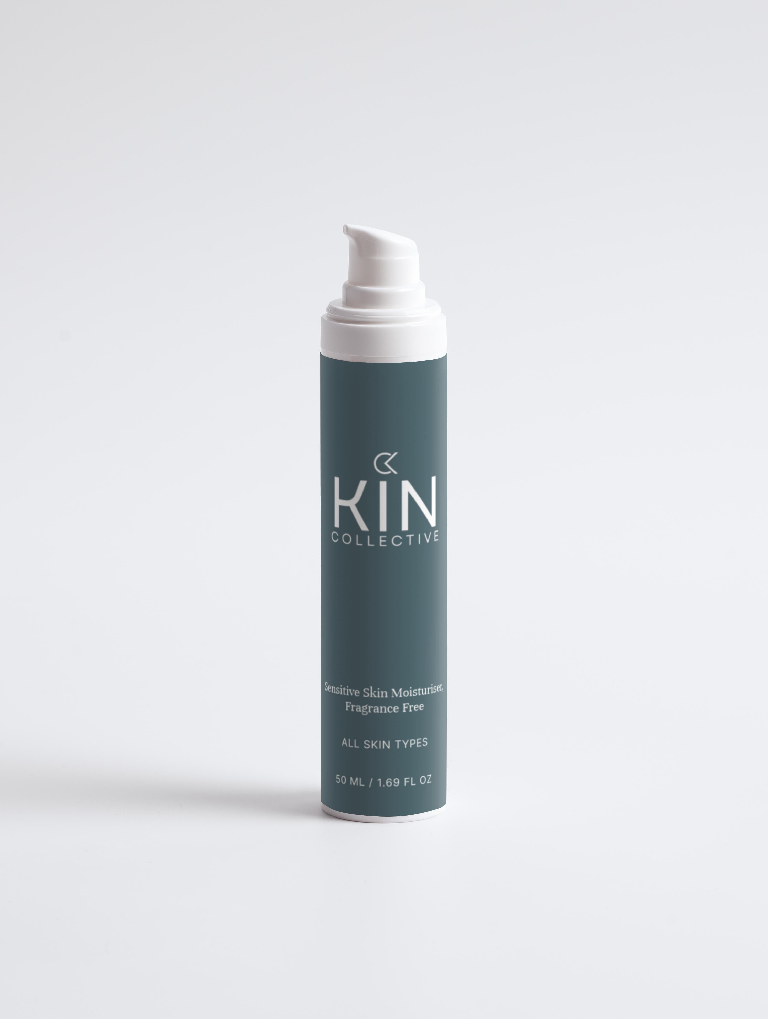 Sensitive skin moisturizer pump bottle, fragrance free, for all skin types on white background