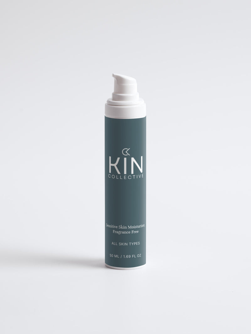 Sensitive skin moisturizer pump bottle, fragrance free, for all skin types on white background