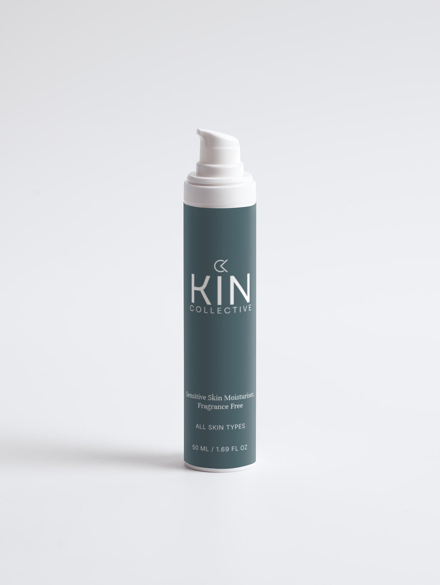 Sensitive skin moisturizer pump bottle, fragrance free, for all skin types on white background