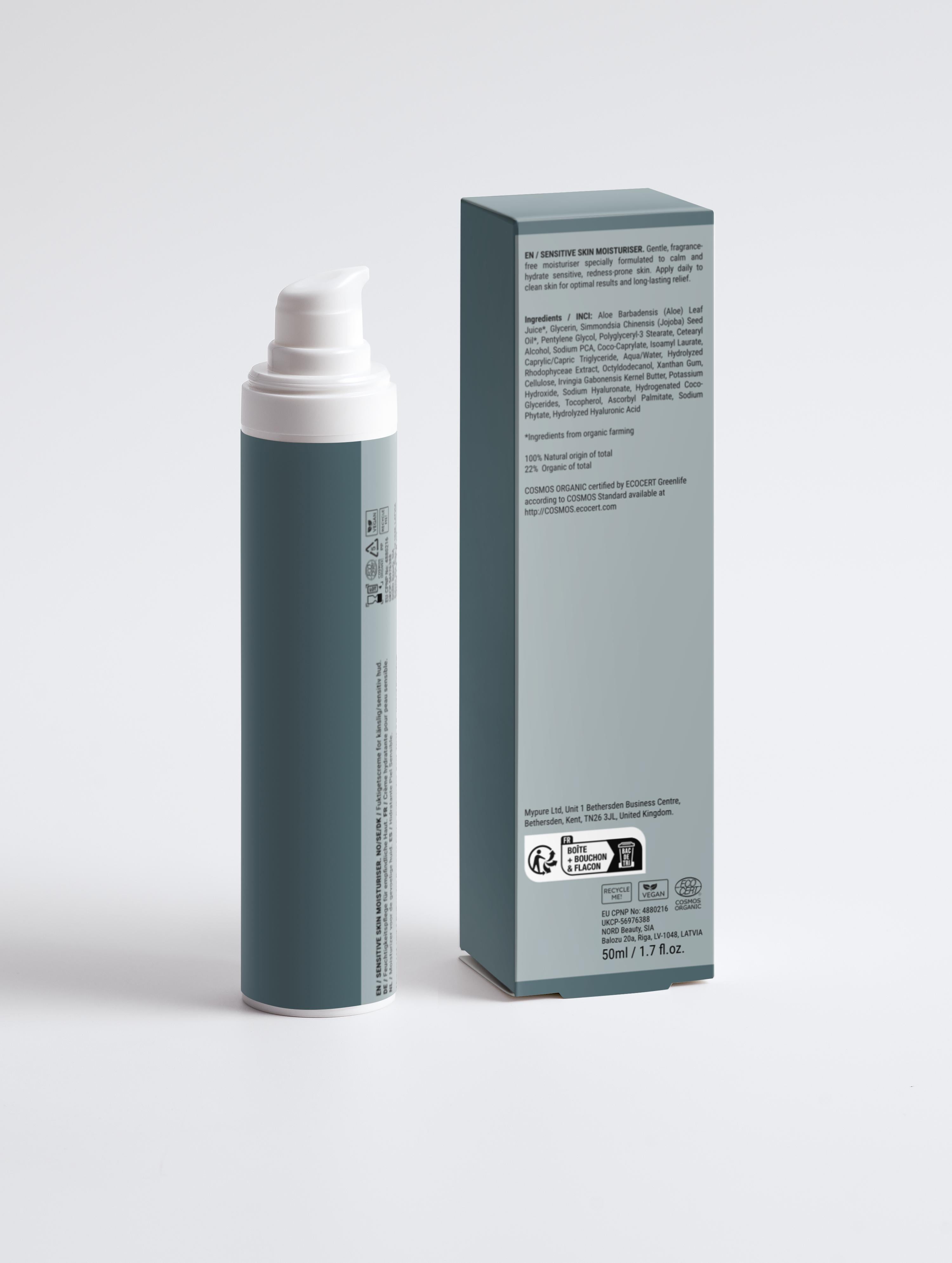 Sensitive skin moisturizer bottle with product box, 50ml, gentle fragrance-free formula