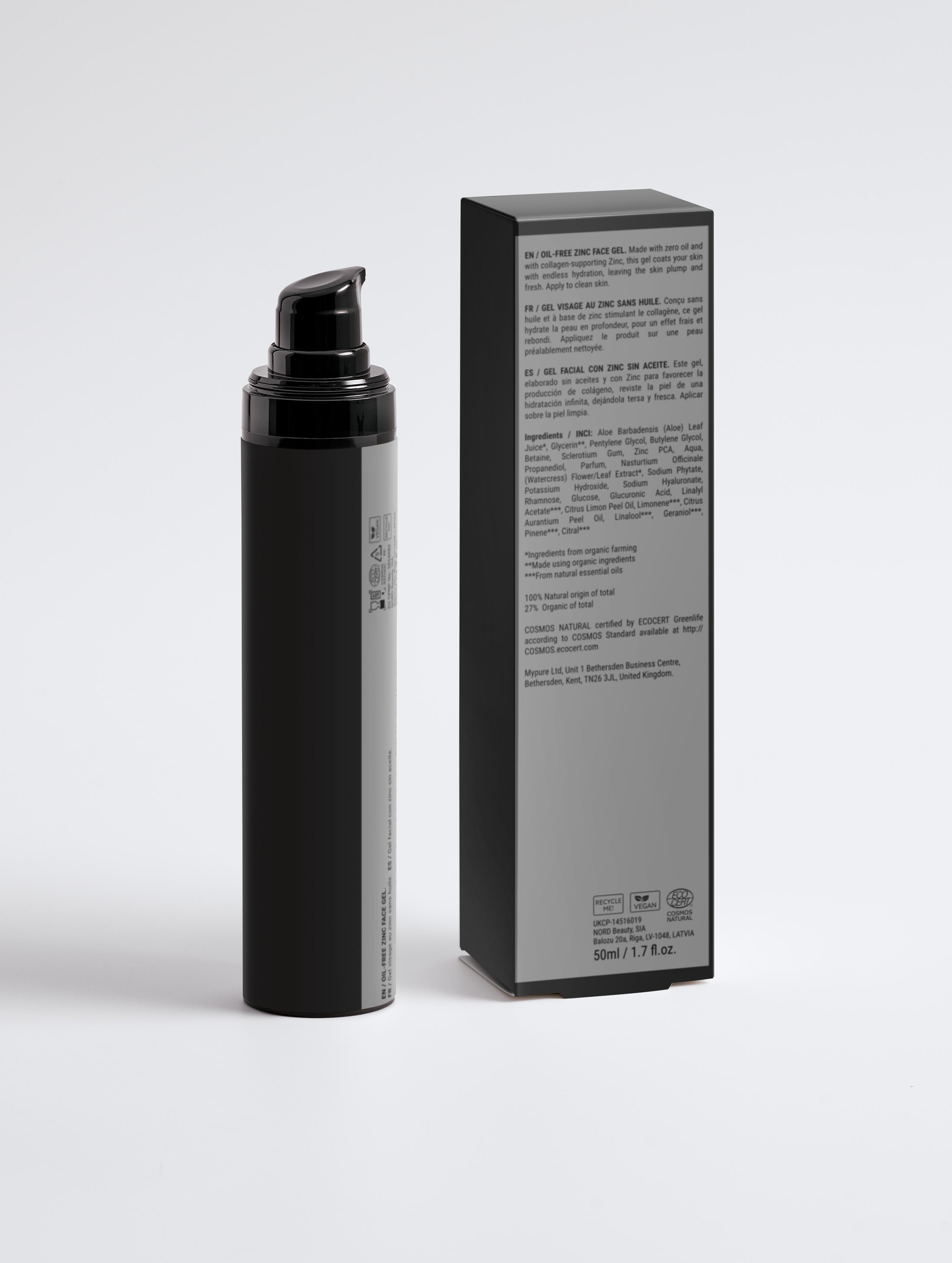 Oil-free zinc face gel in black pump bottle with ingredient list box, 50ml skincare product
