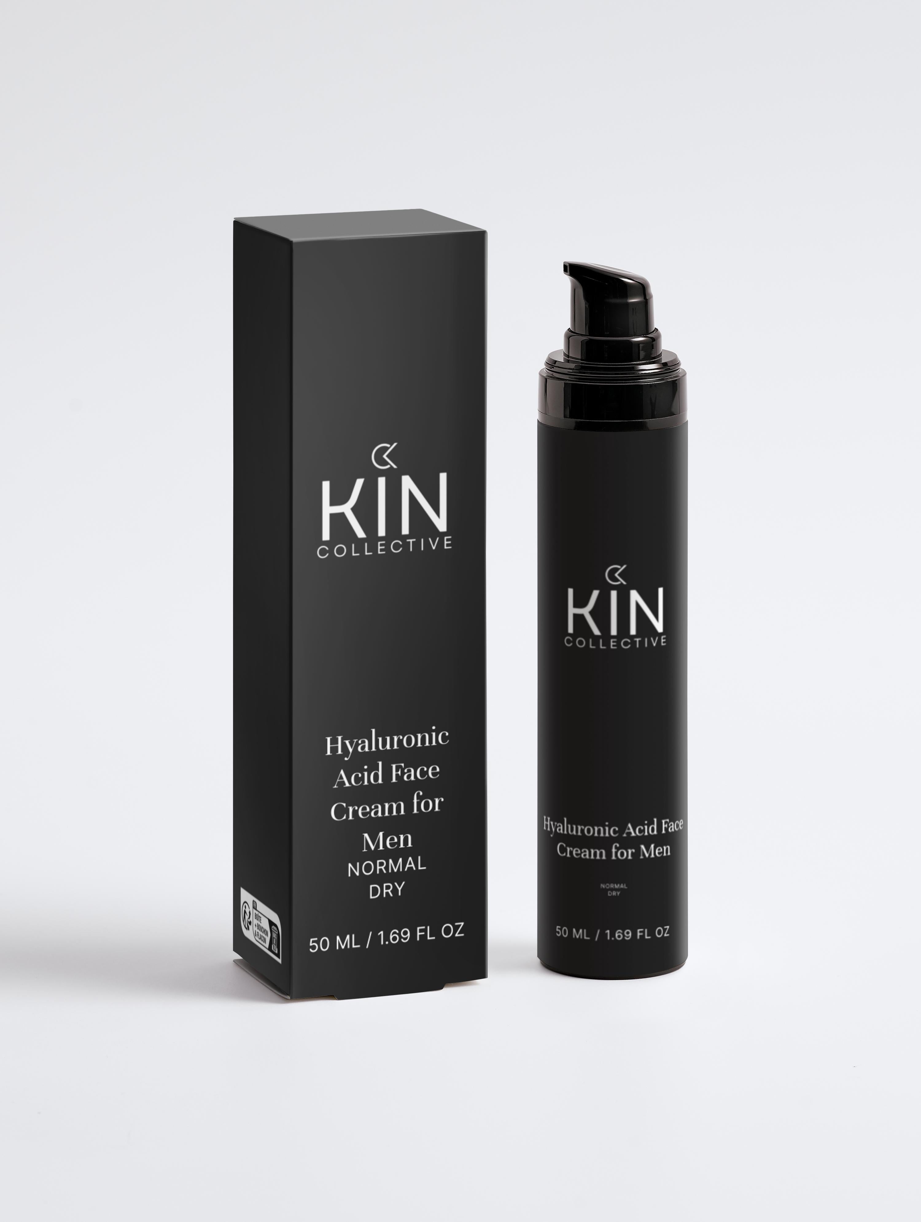 Hyaluronic acid face cream for men, black bottle and box, 50ml, for normal to dry skin