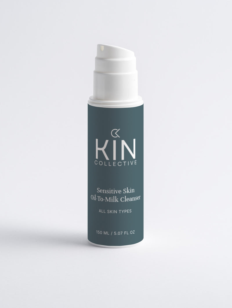 Sensitive skin oil-to-milk cleanser bottle for all skin types on white background