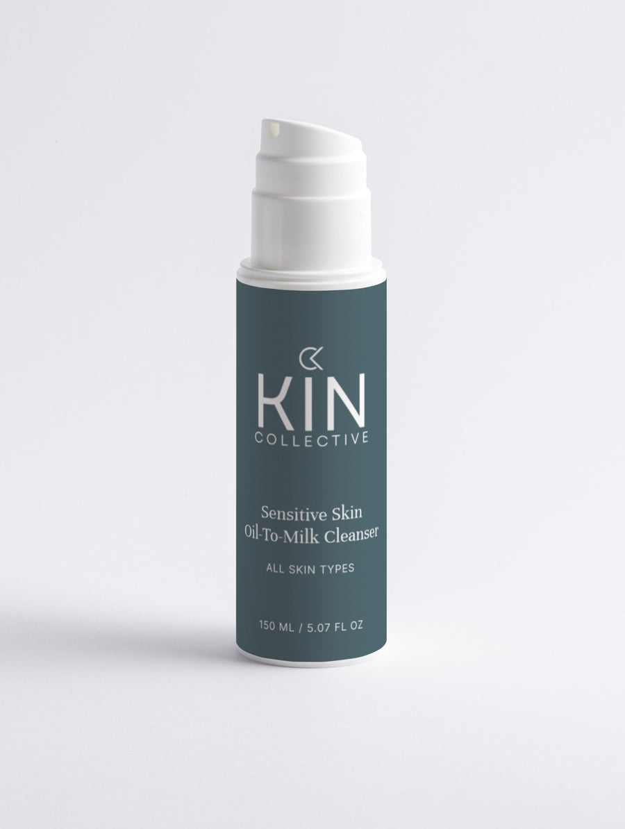 Sensitive skin oil-to-milk cleanser bottle for all skin types on white background