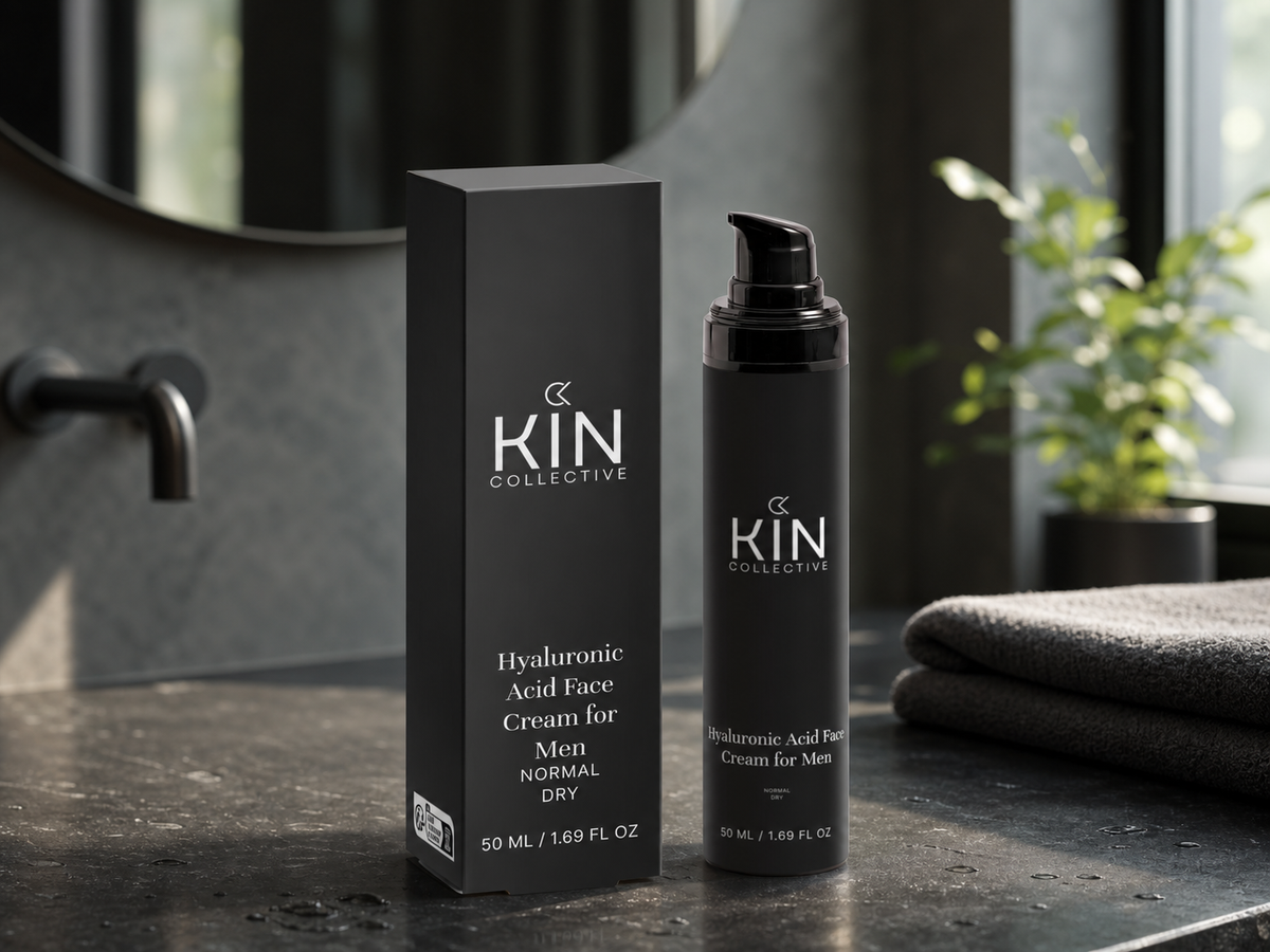 Kin Collective Hyaluronic Acid Face Cream for Men in a modern bathroom