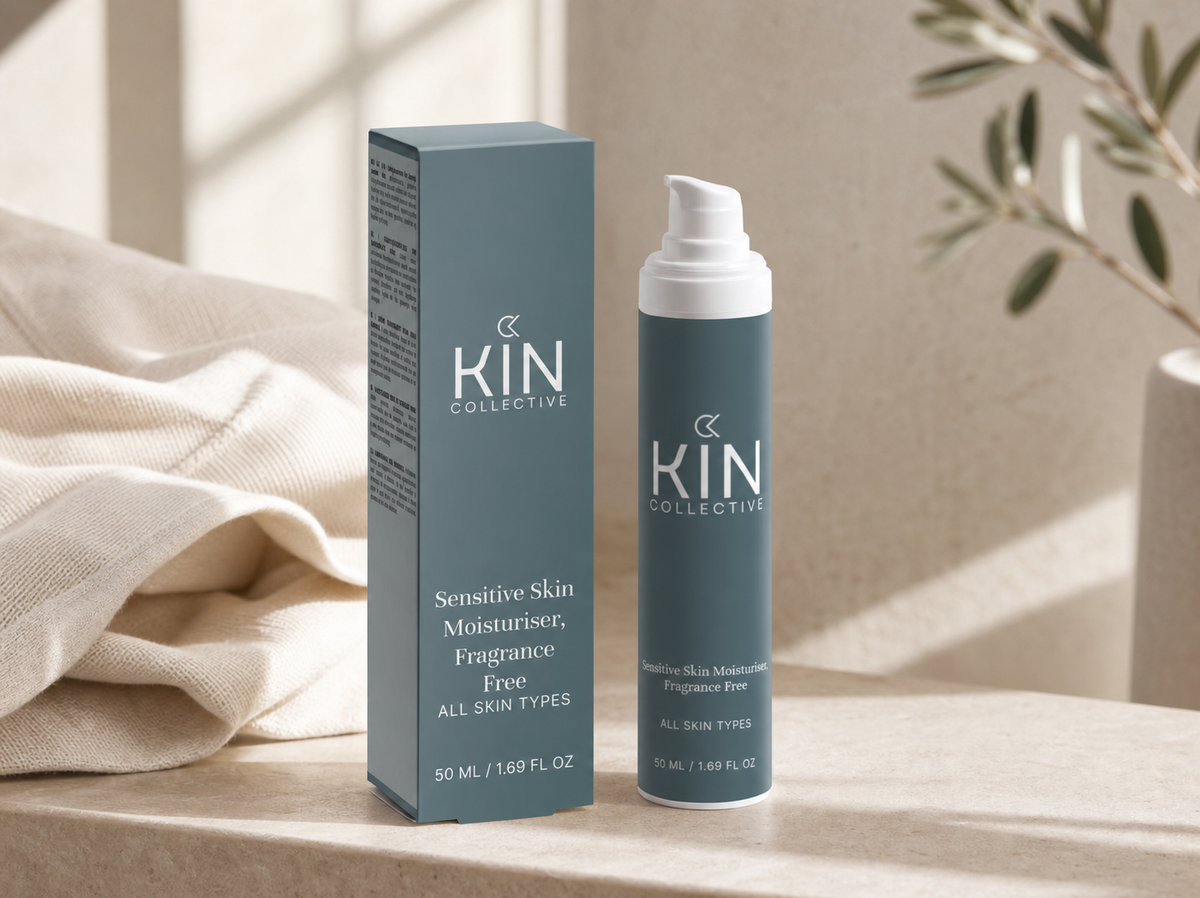 Kin Collective Sensitive Skin Moisturiser in a calm bathroom setting