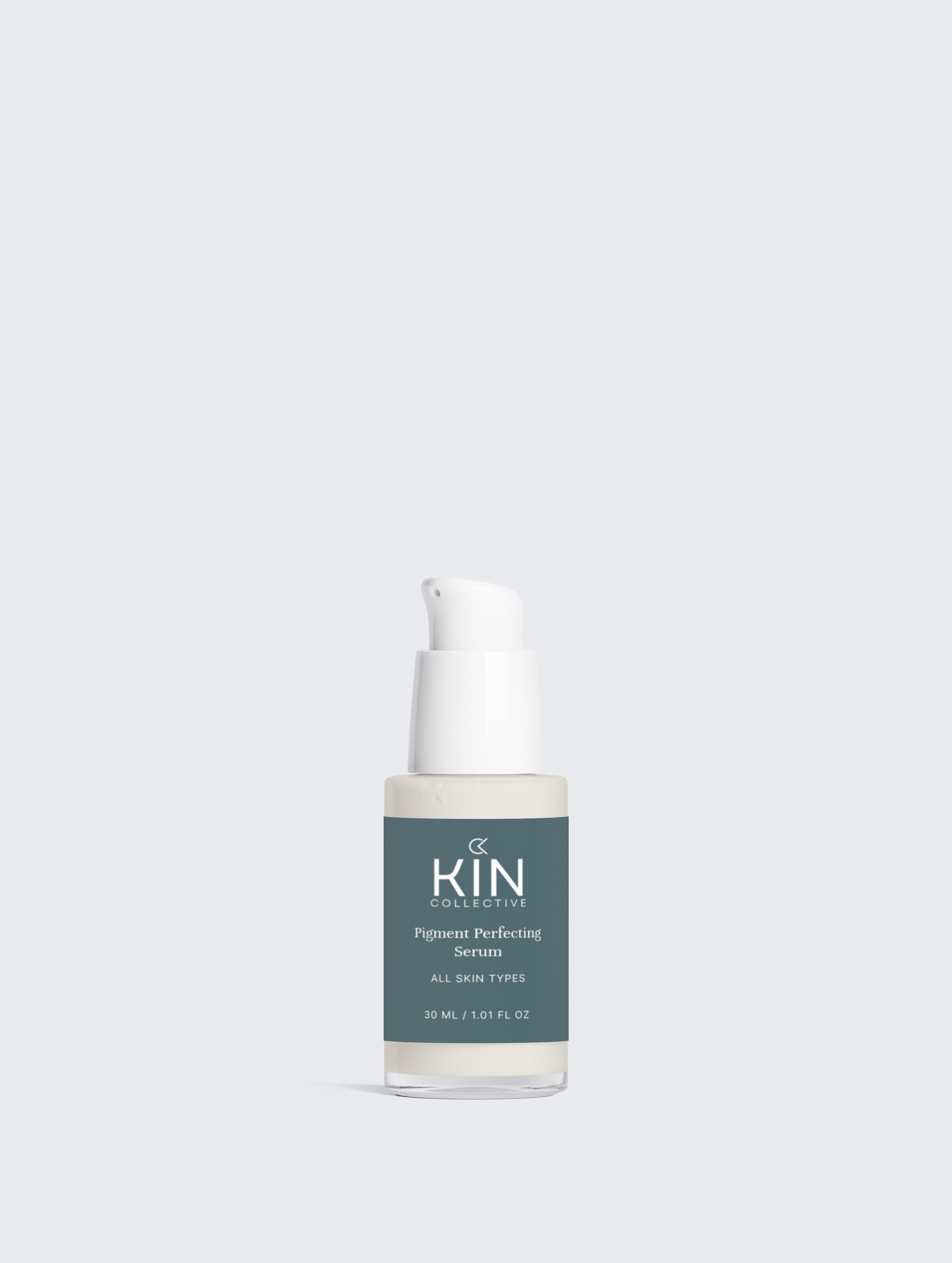 Pigment perfecting serum bottle for all skin types with pump dispenser on light background