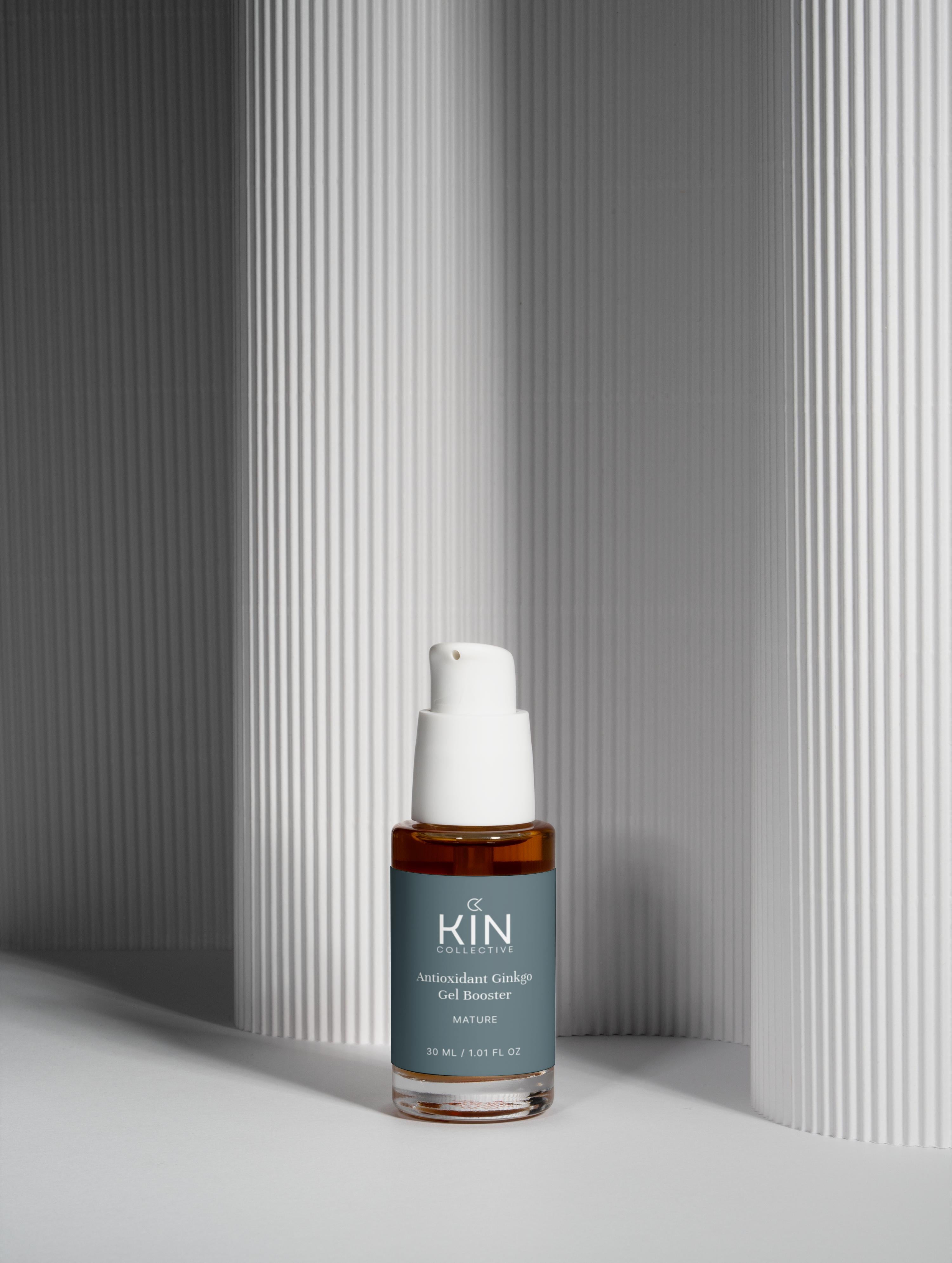 Antioxidant Ginkgo Gel Booster serum bottle for sensitive skin on a minimalist white background