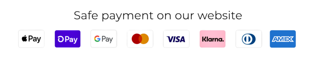 Safe payment icons for Apple Pay, Google Pay, Mastercard, Visa, Klarna, Diners, Amex, Opay