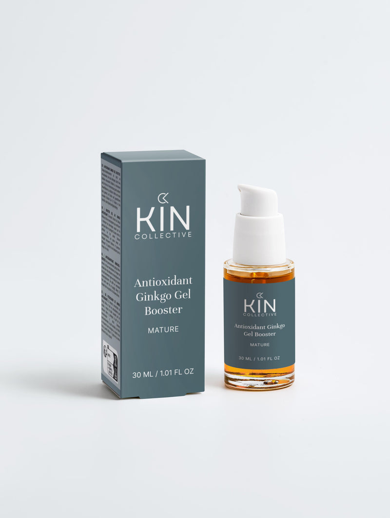 Antioxidant Ginkgo Gel Booster for mature skin, 30ml bottle and box on white background