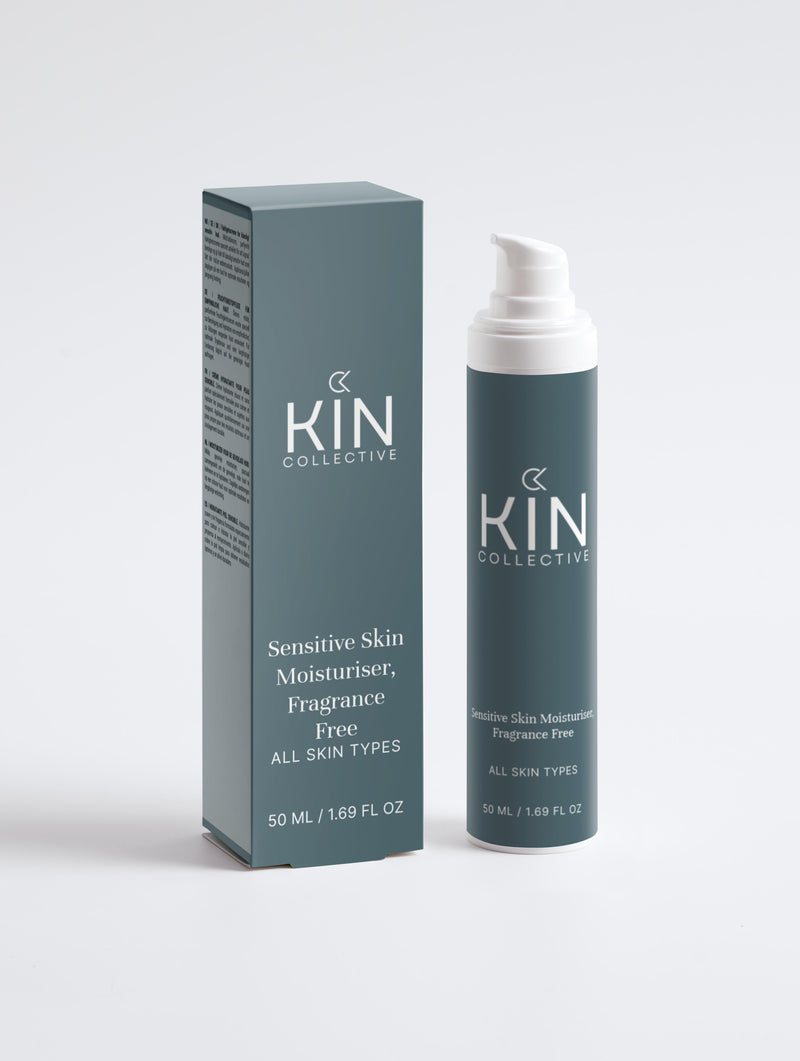 Sensitive skin moisturizer bottle and box, fragrance free, for all skin types, 50ml